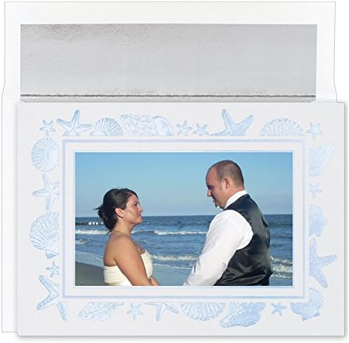 (16) Elegant Blue Foil Seashell Border Christmas Photo Greeting Cards - White Silver Foil Envelopes