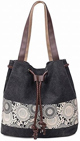Fashion Floral Canvas Women Shoulder Bag Casual Dual Purpose Handbag (black)
