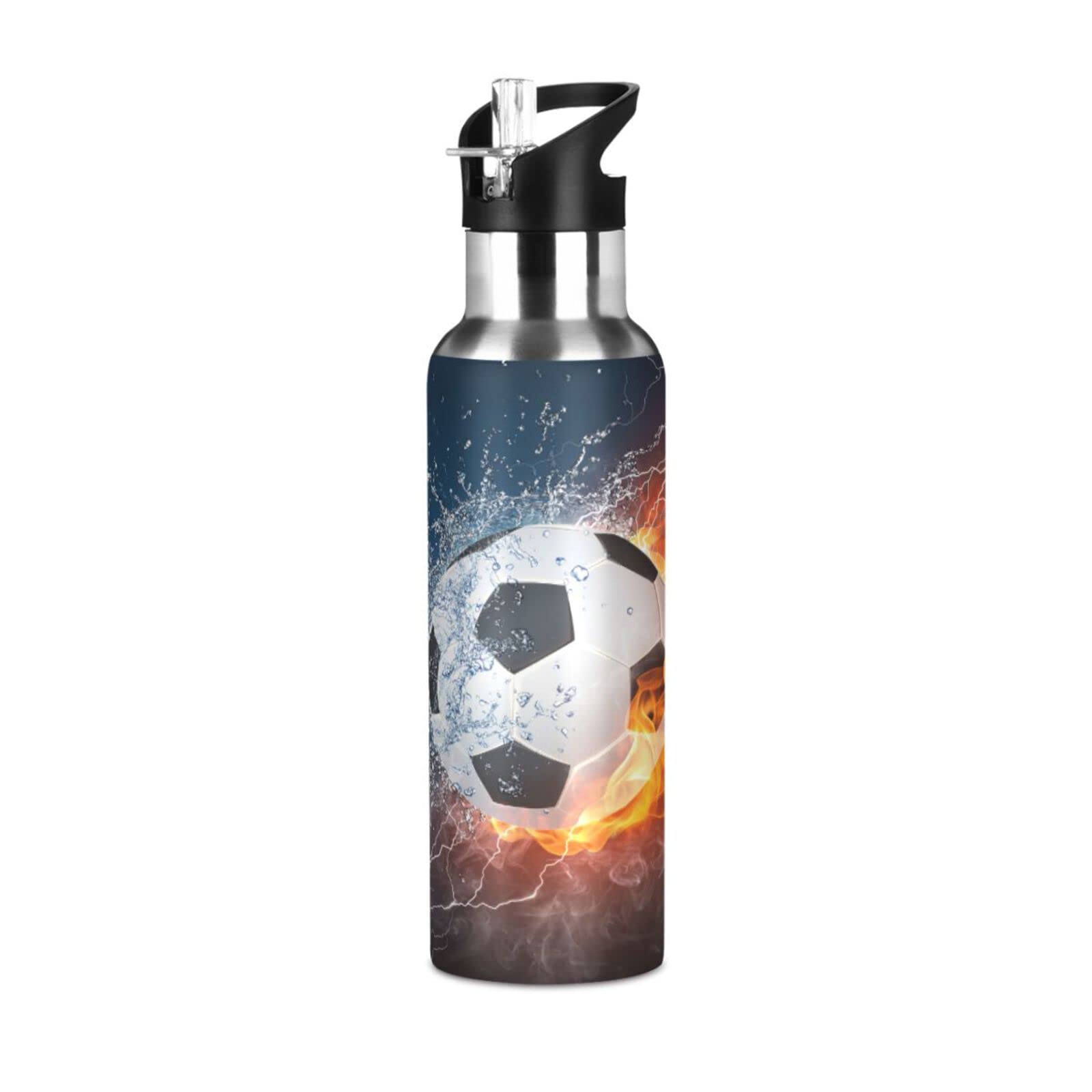 Soccer Ball Football Water Bottle for Girls Boys Stainless Steel Drink Flask Straw Vacuum Insulated Leakproof for Sports 600 ml