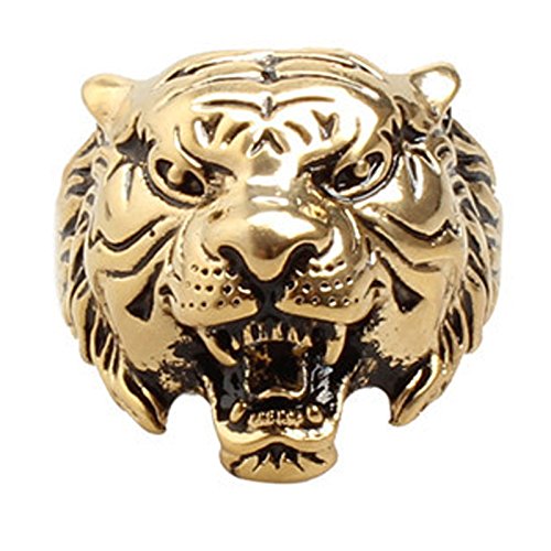 Eamaott Men's Vintage Gold Plating Domineering Tiger Head Ring Stainless Steel Personalized Ring Size 11