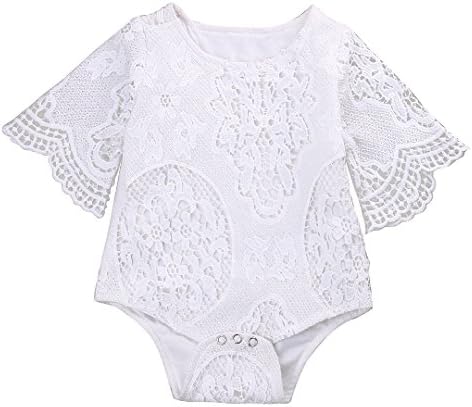 Fmizka Baby Girl White Hollow Ruffle Sleeve Lace Romper Jumpsuit (White, 70（3-6M)
