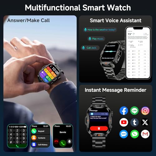 Uniiking® Military Smart Watches for Men, 2.01" Rugged Tactical Smartwatch with LED Strong Light, 400mAh, IP68 Waterproof Fitness Tracker with Compass, 100+ Sports Modes for Android iOS (2 Straps)