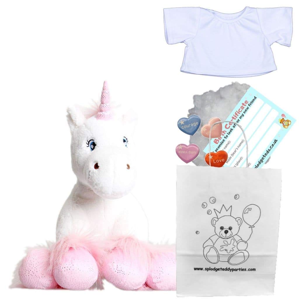 White Fluffy Unicorn with Sparkly Hooves - Soft Plush Toy - 10 inch / 25cm - Build your own Teddy Bear - Party Kit with T-shirt