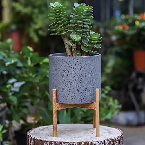NCYP Gray Cement Planter Pot Bamboo Stand Set Modern Indoor Round Concrete Container Holder Flower Plants Cactus Succulents Areca Palm Fiddle-Leaf Fig