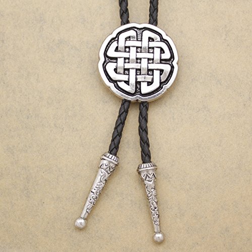 RechicGu Vintage Silver Western Celtic Trinity Cross Knot Leather Rodeo Wedding Necktie Bola Bolo Tie - Thumbnail 2