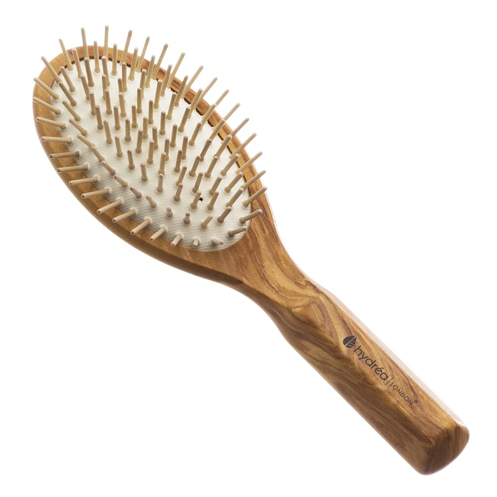 Hydréa London Olive Wood Hair Brush with Wooden Pins & No-Pull Comfort Cushion – Luxury Anti-Static Detangler Hairbrush Designed for Women and Men