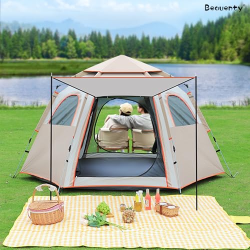 Beauenty 5-8 Person Camping Tent, 280 * 280CM Large Automatic Pop Up Outdoor Tent, Instant Camp Tent with 2 Doors and 4 Windows, Waterproof Windproof Tent for Camping Hiking Travel Beach