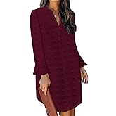 QACOHU Fall Dresses for Women 2026 Casual V Neck Long Sleeves Flowy Mini Tunic Dress