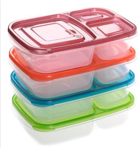 4 x Quick Lunch Boxes 3-compartment Bento Lunch Box Containers Classic Set of 4