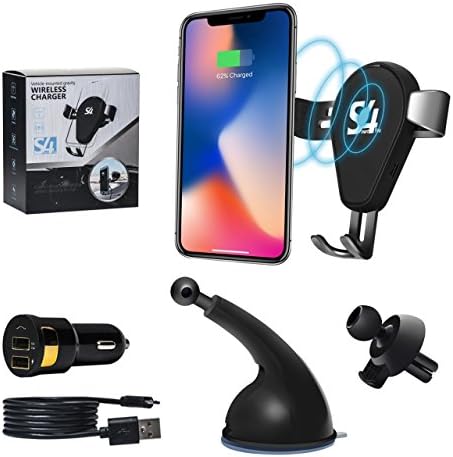 Wireless Car Charger Mount - Qi Fast Charging Adapter 3.0 - Air Vent and Windshield Holder - Auto Clamping Gravity Cradle for Cell Phone X/8/8Plus - Galaxy S9/S8/S7/S7 Edge/S6
