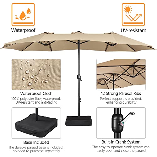Yaheetech 15 ft Triple-size Patio Umbrella w/Base Included - Market Extra-Large Double Sided Umbrella - Twin-size Patio Parasol w/Easy Crank & 12 Strong Ribs & Ventilation Openings,Tan