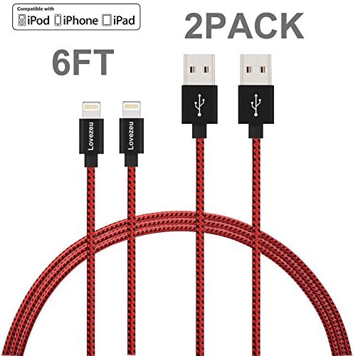 Lightning Cable, Lovezeu iPhone Charger Cable 6FT Nylon Braided 8-Pin iPhone Charging Cable Cord Compatible with iPhone X 8 8Plus 7 7Plus 6s 6sPlus 6 6Plus SE 5 5s 5c iPad iPod & More (Red 2 Pack)