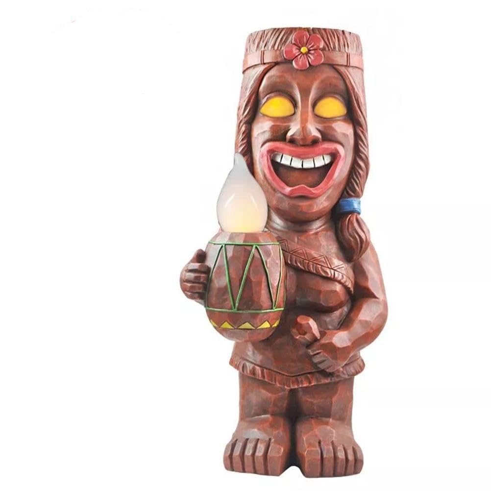 Yusat Tiki Statue with Solar Light, Solar Lamp Totem Figurine Ornaments Waterproof Garden Sculptures for Porch Lawn Decor (B)