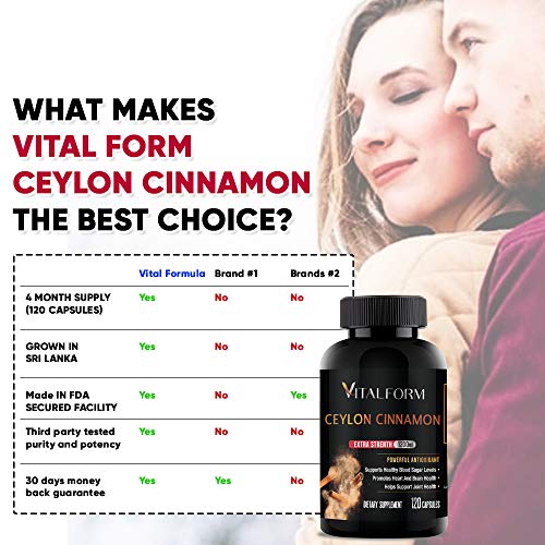 VitalForm Cinnamon Capsules - Organic Ceylon Cinnamon - 120 Ceylon Capsules - Supports Healthy Glucose Balance- Blood Sugar Support - Cinnamon Supplements - 1200 mg