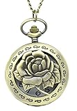 Souarts Antique Bronze Color Round Pocket Watch Hollow Rose Flower Engraved with Chain 83cm