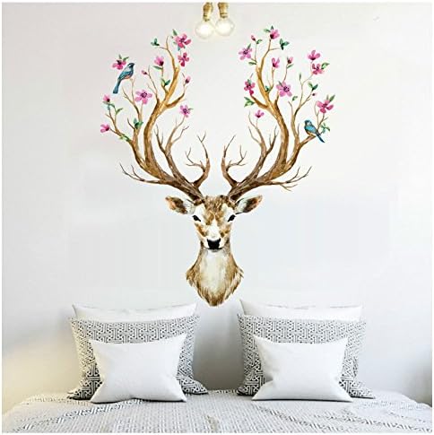 Misslight Deer Wall Stickers Antlers Branches Flowering Birds Living Room Bedroom Decoration Christmas Wall Decor Decal (Colorful)