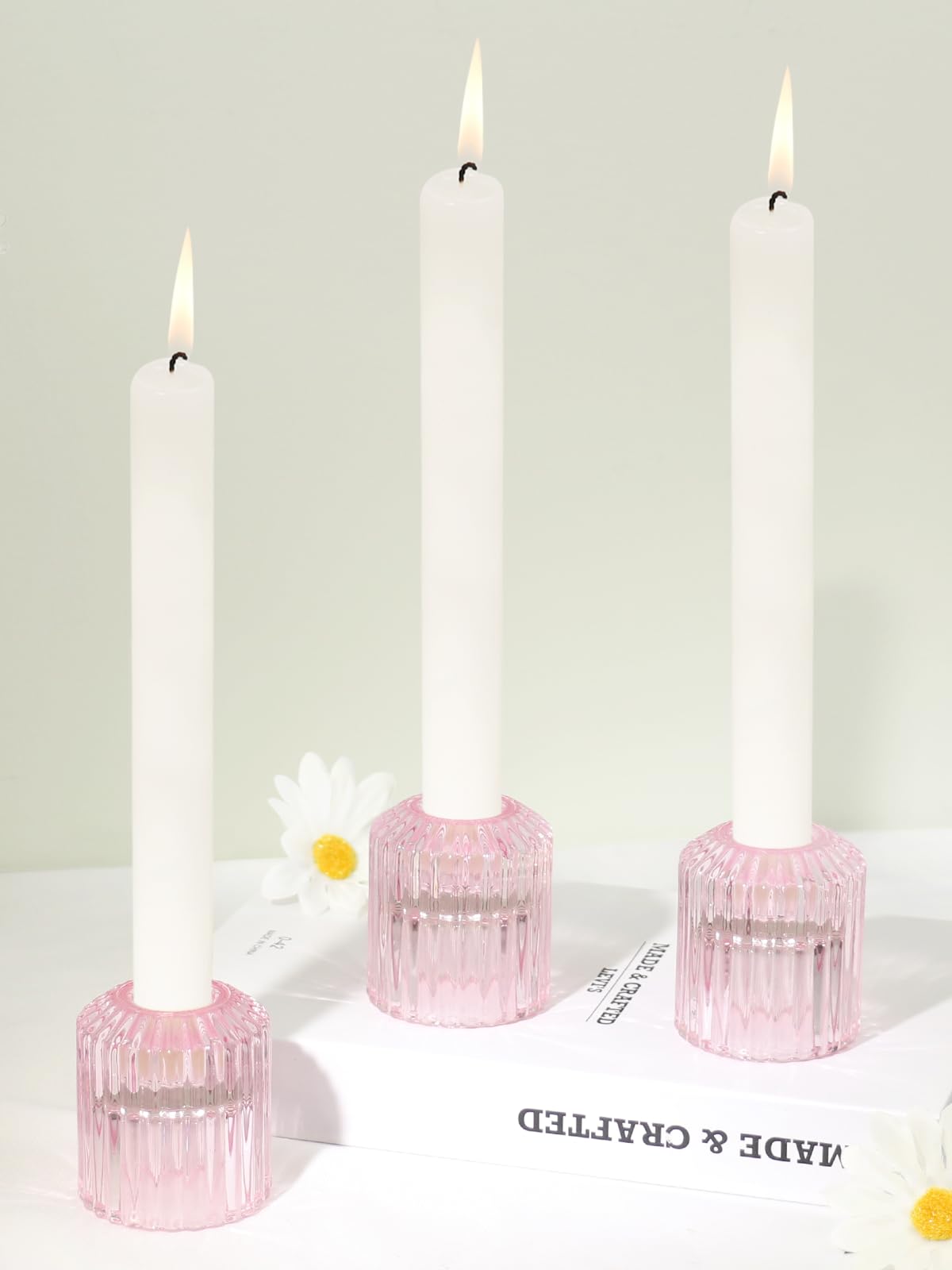 HofferRuffer Candlestick Holders Set of 3 Glass Candle Holders for Taper Candles & Tealight Candles Pink