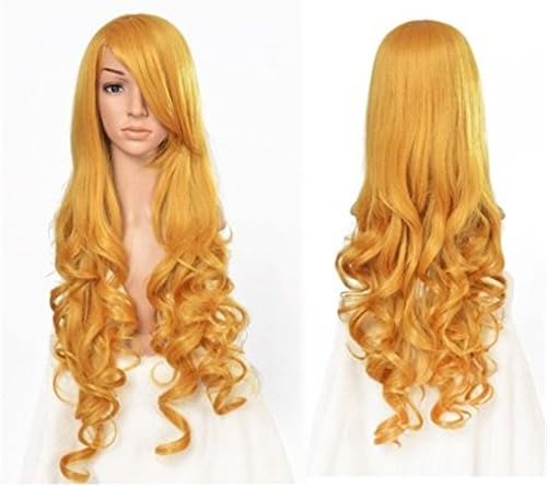 32" 80cm Long Hair Curly Wavy Wig Halloween Cosplay Costume Wig (Yellow)