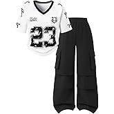 Afsmlys Tween Girls Clothes Short Sleeve Graphic T-Shirt Top + Cargo Pants 2pcs Outfit Set, Size 7-15Years