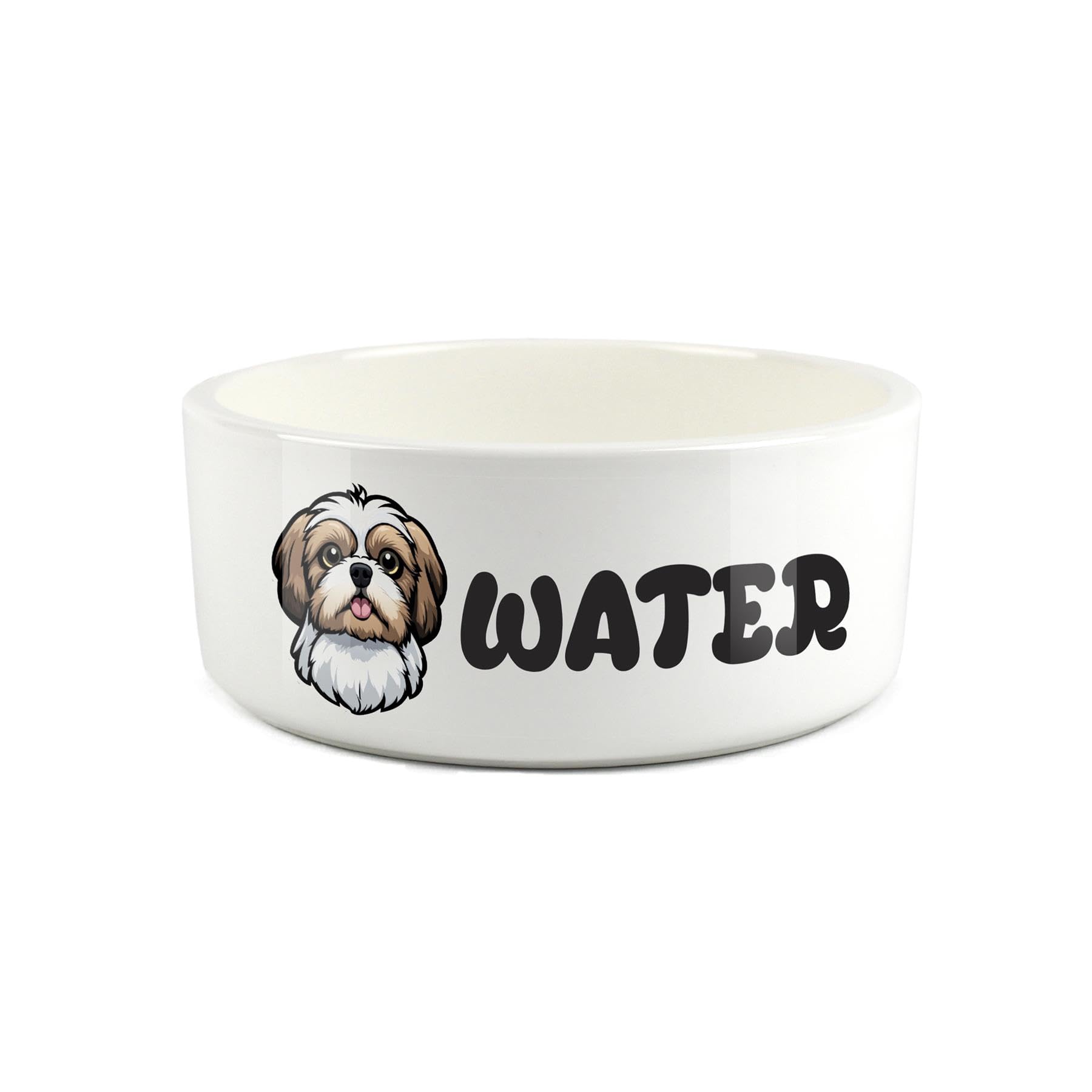 Shih-Tzu Pet Bowl - Cartoon Dog Portrait Large Ceramic Water Bowl - Novelty White Water Dish For Dogs