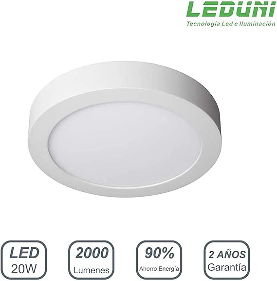 LEDUNI Downlight Panel Superficie LED Circular Redonda 20W 2000LM Plafon Redondo Para techo y Pared Color Blanco Frío 6000K Angulo 120 IP40 OPAL ...