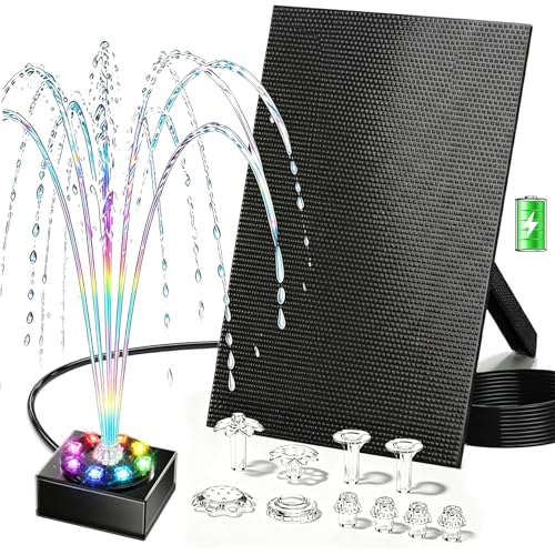 Boadw Fuente Solar para Exteriores 8W con batería 1800mAh –Bomba de Estanque Solar, Ideal para abrevadero de pájaros, pequeño Estanque y Juegos de Agua – 10 Estilos de Chorro y 8 LED de Colores