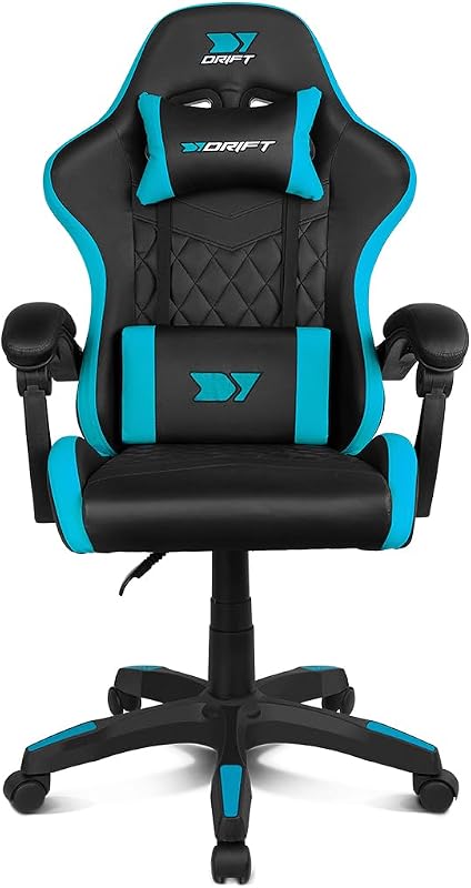 DR35 - Silla Profesional, Polipiel, Reposabrazos Acolchados, Pistón Clase 3, Base Nylon Reforzada, Asiento basculante, Altura Regulable, Cojín Lumbar/Cervical, Negra/Azul