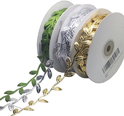 Bailarina 1-1/4" Silver Leaf Ribbon - 20 Yard olive Leaves Trim with Spool for Valentine's Day, Wedding Decoration
