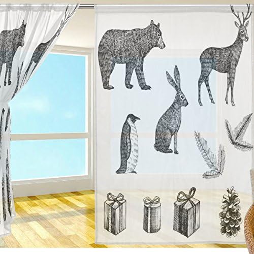WHBAG Merry Christmas 2 Piece Tulle Voile Window Room Decoration Semi Sheer Curtain,Vintage Xmas Animal,Gauze Curtains Living Room Bedroom Tie Top Curtain 55x84 inch Two Panels Set