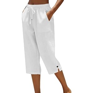 Elastic Waist Loose Straight Linen Cotton Capris, Cropped Pocketed Trousers for Womens Spring and Summer Casual Wear