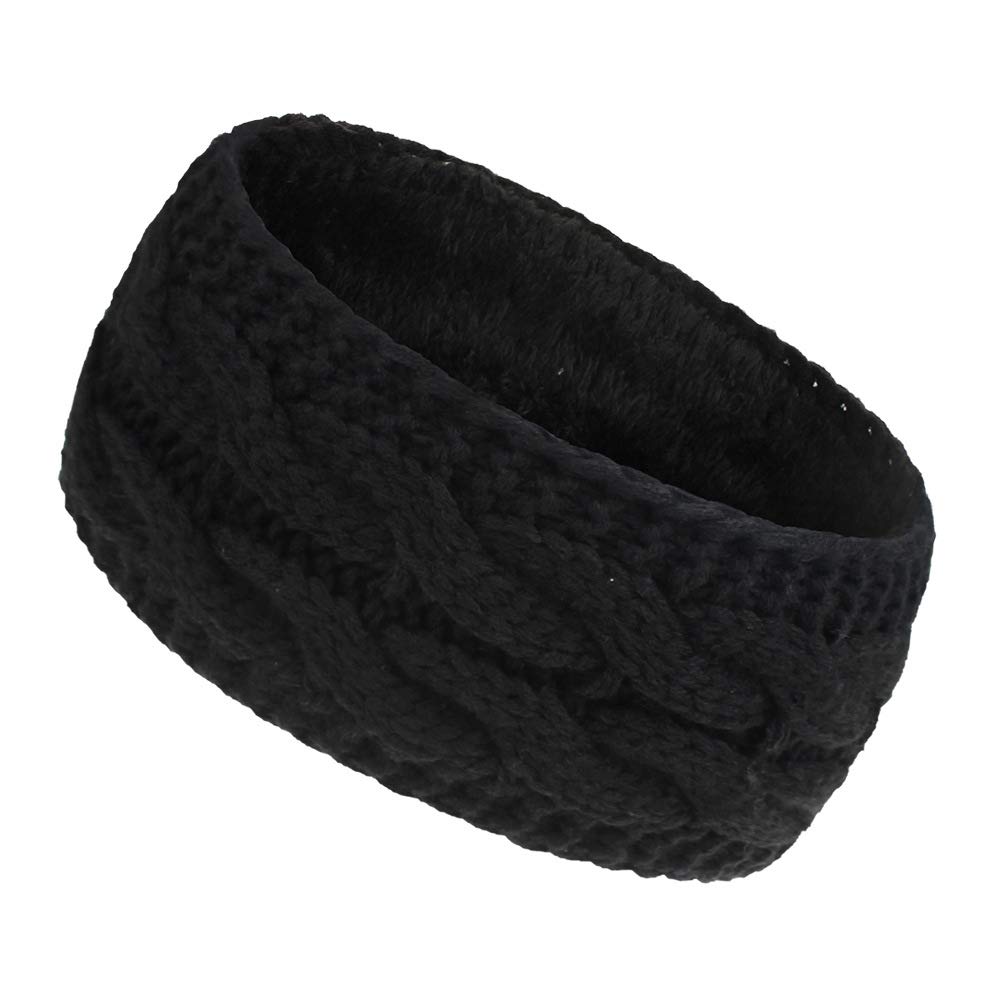 Women Ear Warmer Headband Fleece Lined Winter Warm Knitted Thick Hairband Thermal Headbands Elastic Hair Wrap (Black)