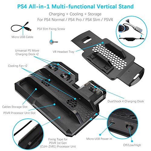 Upgraded ieGeek PSVR Charging Stand Display, PlayStation PS VR Storage Headset Holder, 2 PS Move + 1 PS4 Controller Charger Docking Station, PS4 Pro / Slim / PS4 [All in 1] Vertical Stand Cooling Fan