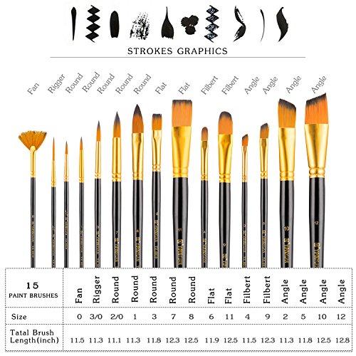 Art Paint Brush Set, UnityStar 15 PCS LONG HANDLE Artist Brushes with Carrying Case & Pop-up Stand for Acrylic Watercolor Oil Paint Face Painting