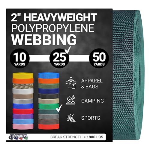 Strapworks Heavyweight Polypropylene Webbing - Heavy Duty Poly Strapping for Outdoor DIY Gear Repair, 2 Inch x 25 Yards - Forest Green