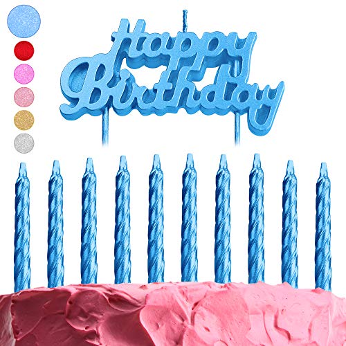 GET FRESH Blue Birthday Cake Candles Set – 10-Pack Spiral Candles and Happy Birthday Letter Candles Cake Topper – Metallic Bday Candles and Candles Cake Decoration – Glitter Blue Birthday Candles — image 1