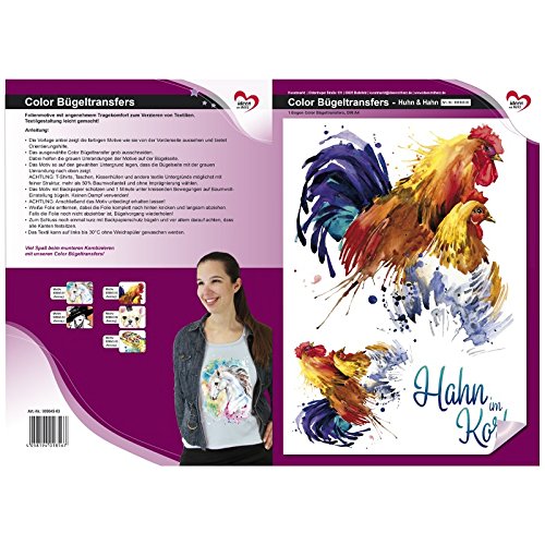 Colour ironing transfer, DIN A4, chicken and rooster, textiles such as t-shirts and bags with ironing motifs, decorate pictures quickly and easily, DIY textile design.