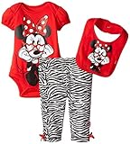 Disney Baby Girls' Girl Minnie 3 Piece Creeper Pant with Bib Set, Red, 0-3 Months