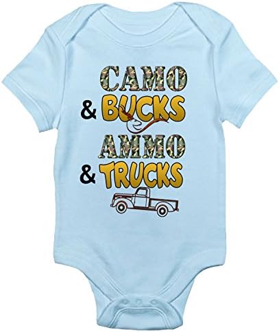 Camo and Bucks Ammo and Trucks Baby Bodysuit Cute Hunting Baby Clothes (0-3 Months, Light Blue)