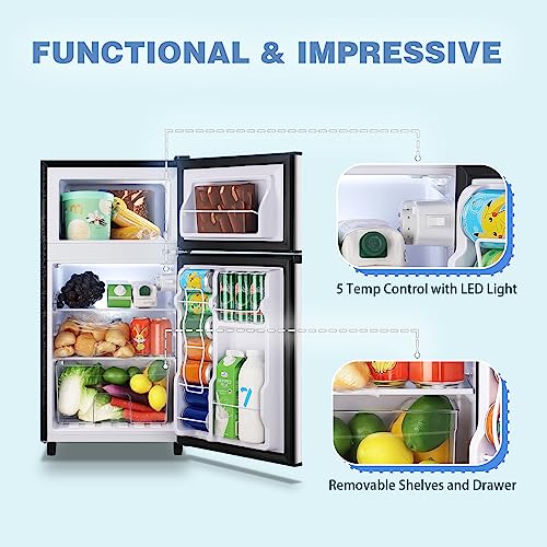 WANAI Mini Fridge With Freezer, 3.5 Cu.Ft Double Door Compact