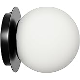 Modern Glass Globe Wall Sconce: Black Single Light with Milk Glass Shade - Minimalist Spherical Vanity Sconces Over Mirror - 