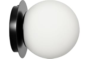 Modern Glass Globe Wall Sconce: Black Single Light with Milk Glass Shade - Minimalist Spherical Vanity Sconces Over Mirror - 