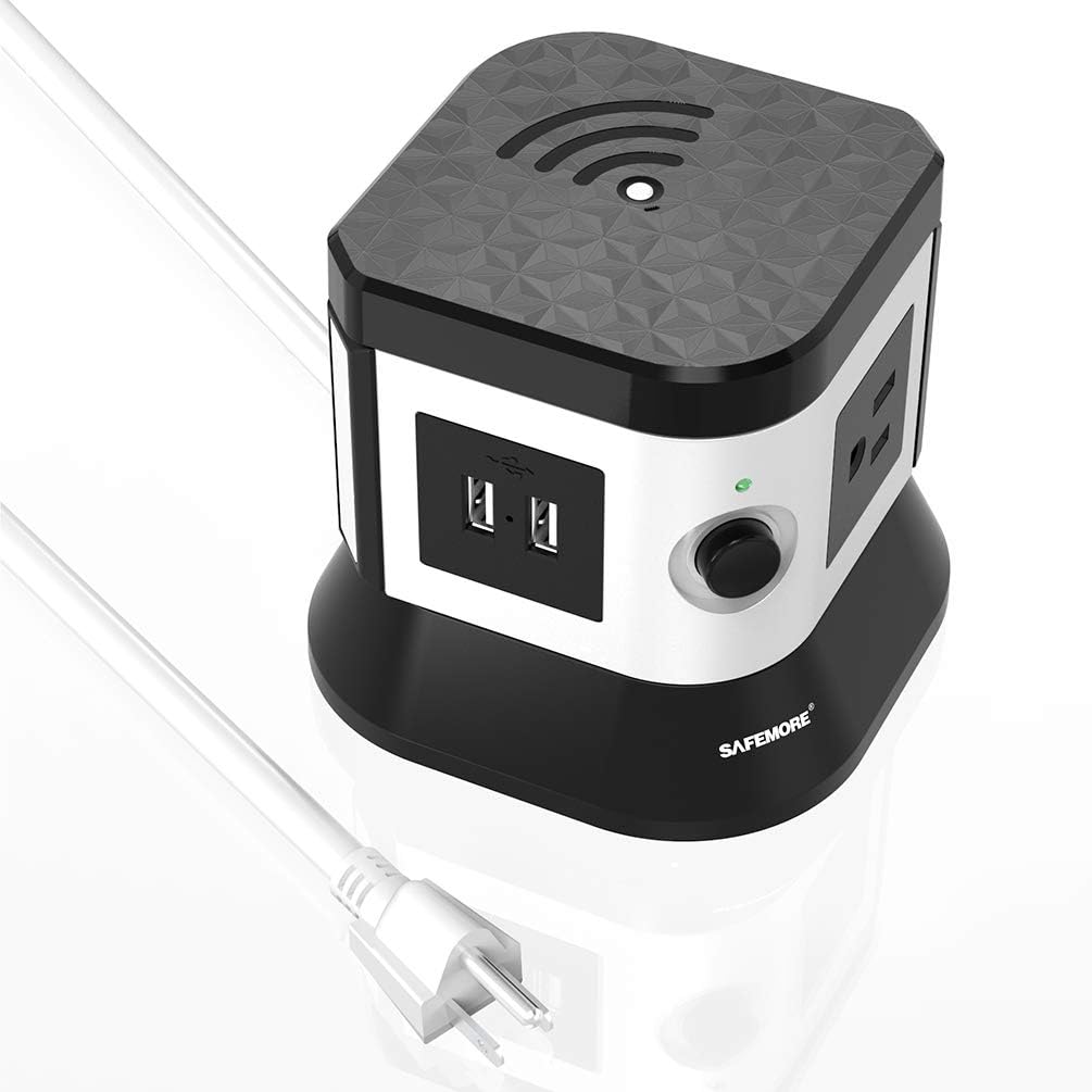 Wi-Fi Smart Power Strip by SAFEMORE, Surge Protector Tower with 2 USB Ports & 3 Remote Controlled AC Plugs, Compatible with Alexa and Google Assistant - Black + White