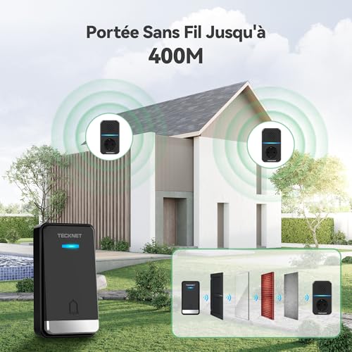 TECKNET Wireless Doorbell Kit, 400 m with 2 Receivers | 5 Levels Self-Powered Wireless Door Volume with 60 Melodies, IP65 Chime Kit with Tomas USB Externas y Luz LED