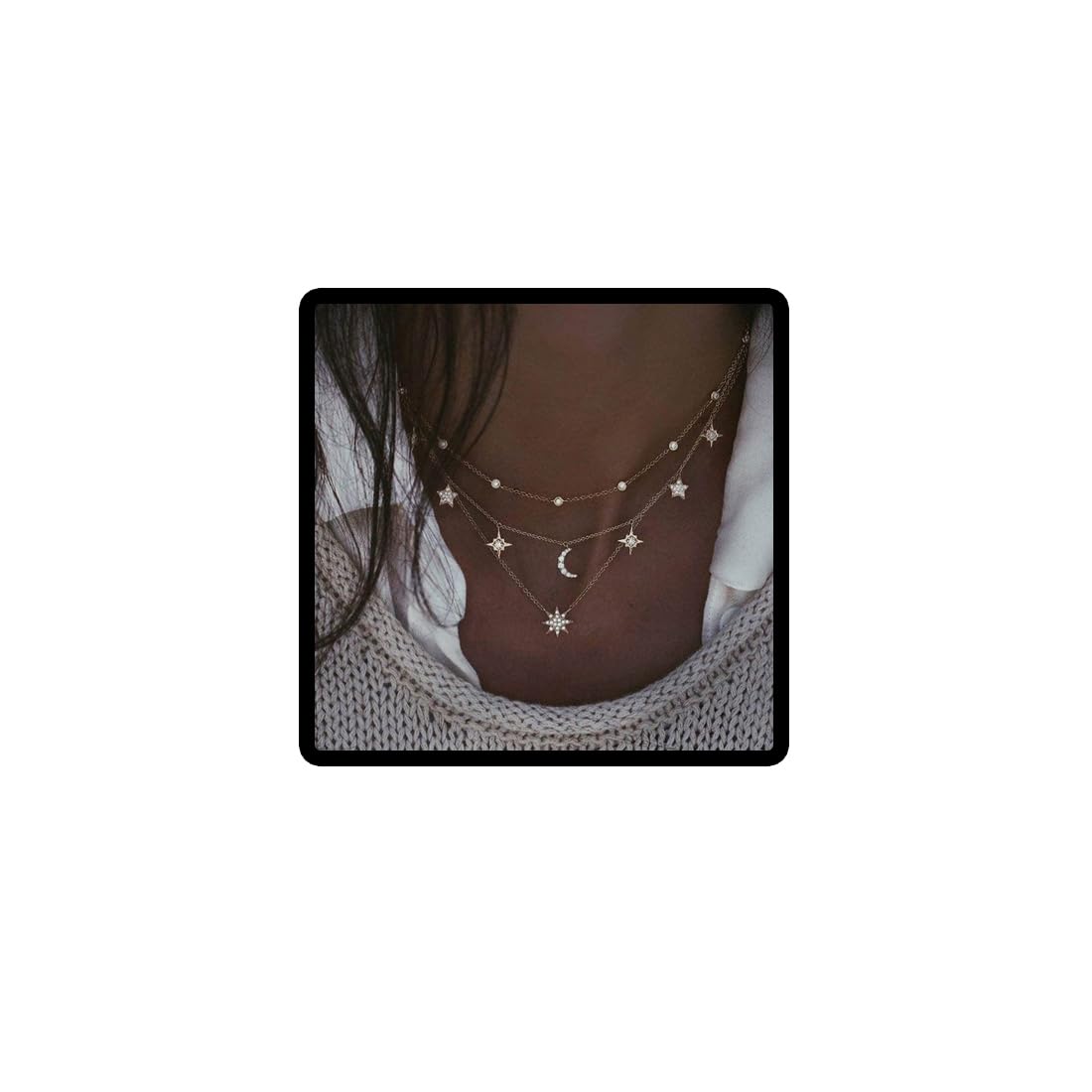 Wedity Layered Stars and Moon Choker Necklaces Gold Fashion Crescent Crystal Pendant Necklace Chain Adjustable Jewelry for Women and Girls