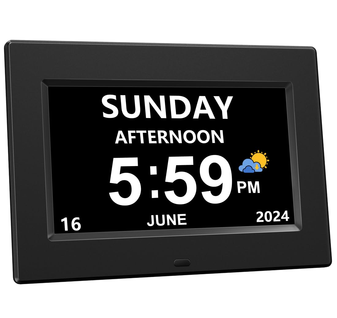 CAZOKASI Auto Dimmable Calendar Day Clock Digital Photo Frame HD Display 12 Alarms Extra Large Impaired Vision Digital Clock with Non-Abbreviated Day & Month Alarm Clock(Black / 7inch)