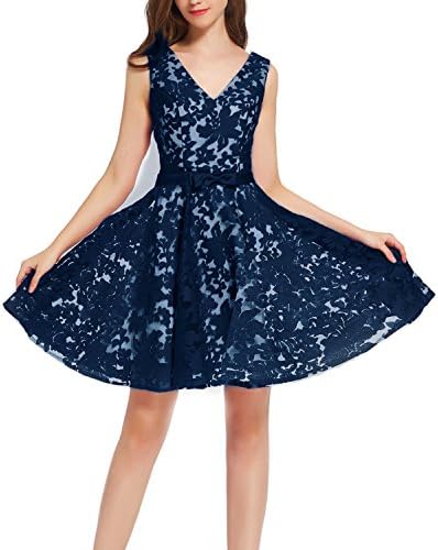 Levory J Women's Vintage Floral Lace Deep-V Neck Contrast Bow Cocktail Evening Party Dress (12, Navy Blue)