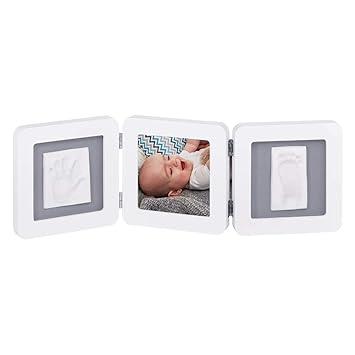 Baby Art My Baby Touch Double Print Frame, 3er Bilderrahmen für Foto, Hand und Fußabdruck, rund, weiß