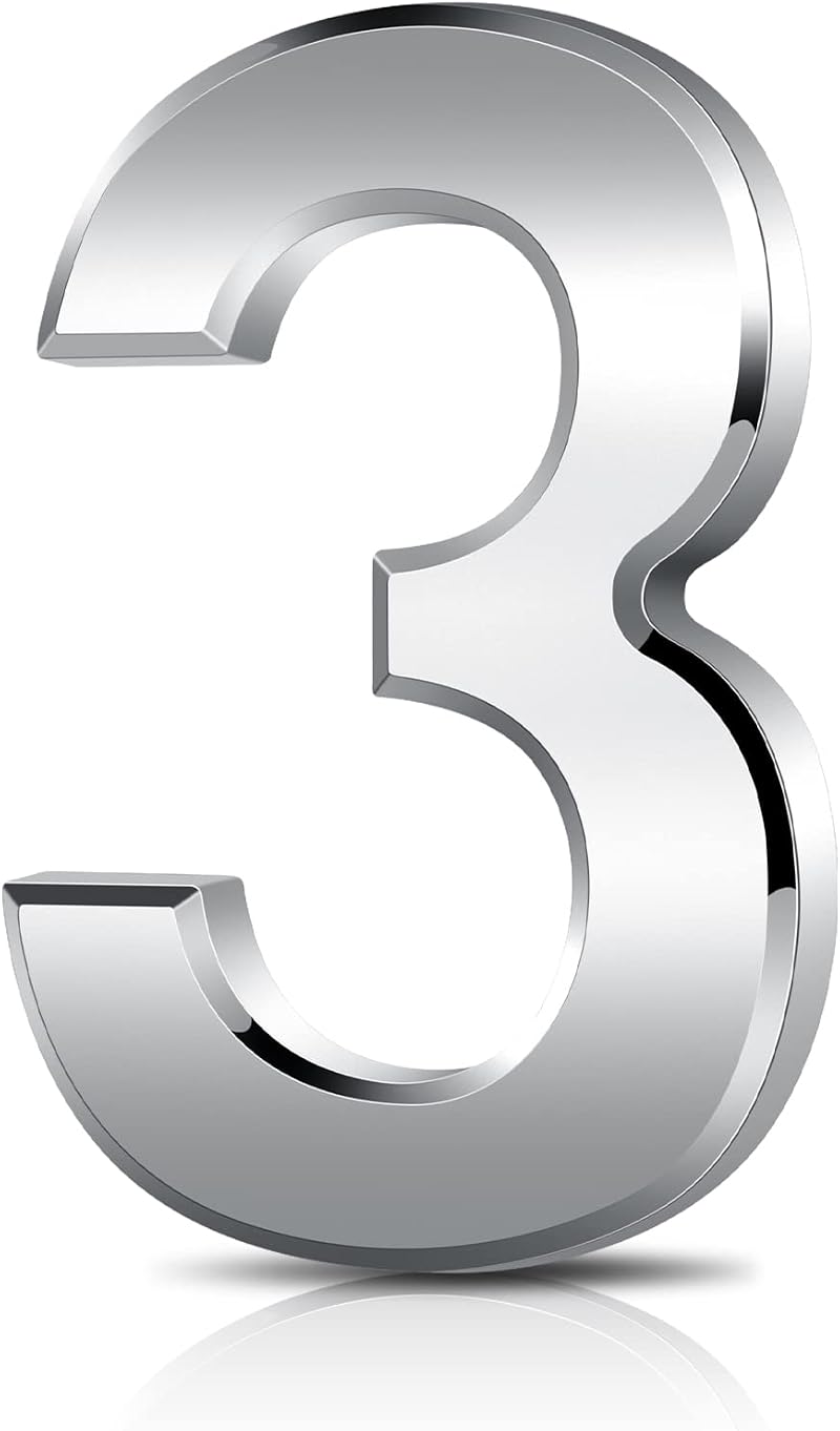 Vicloon 3D Door Numbers 3 Inches Self Adhesive Waterproof Silver 7.6cm