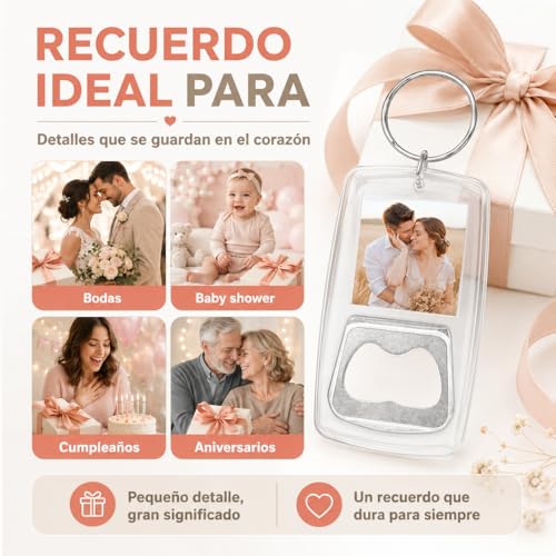Llavero Destapador de Cerveza 50 Piezas, Destapadores para Recuerdos con Marco Acrílico para Foto 3.2 x 3.2 cm, Abridor de Botellas para Boda, XV Años, Bautizo, Cumpleaños, Fiestas y Eventos
