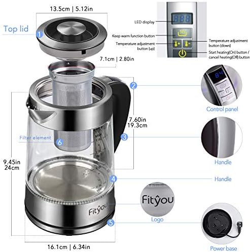 Fityou Bouilloire Électrique en Verre Thermostat Réglable(40-100℃) 1.8L, Bleue de Dispaly LED, Maintien au Chaud 24 H, Filtre Inox Amovible Inclus, Système de Protection Contre l'Ebullition à Sec - Cuisine A Vivre Fityou Bouilloire Électrique en Verre Thermostat Réglable(40-100℃) 1.8L, Bleue de Dispaly LED, Maintien au Chaud 24 H, Filtre Inox Amovible Inclus, Système de Protection Contre l'Ebullition à Sec